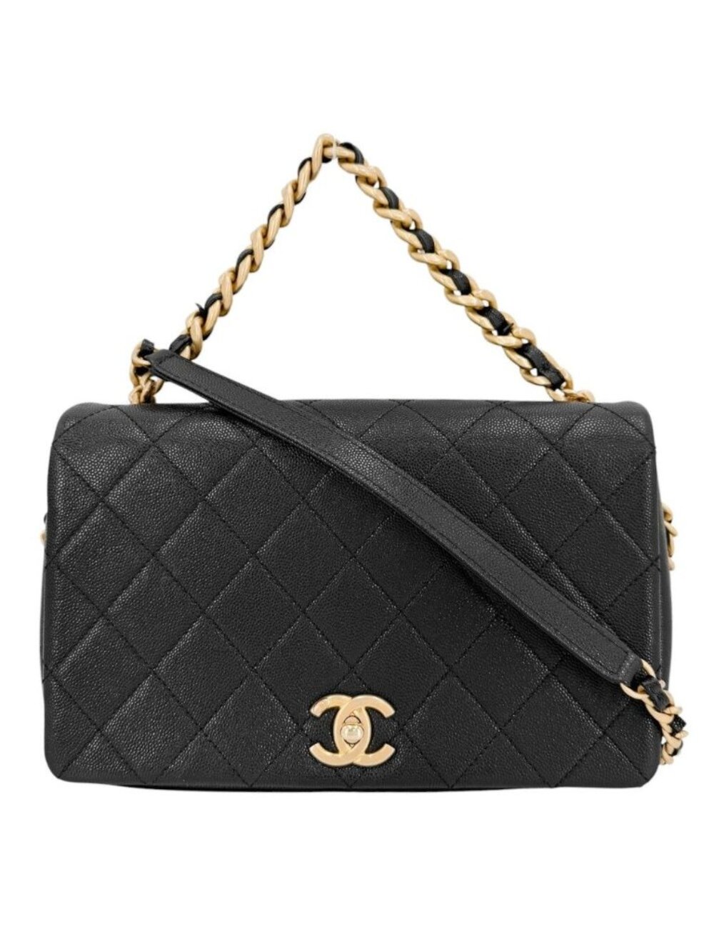 Chanel 2-Way Quilted CC Logo Shoulder Bag Crossbody Chain Caviar Leather Black